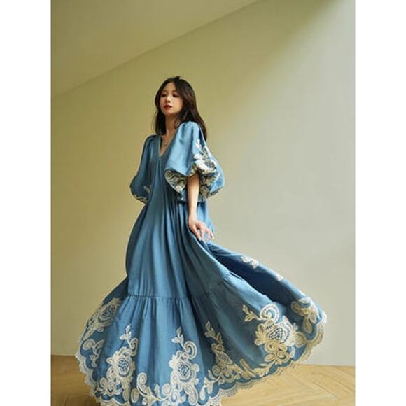 ACONICONI Bluebell denim and lace Puff Sleeve Maxi Dress size XL - Picture 1 of 9